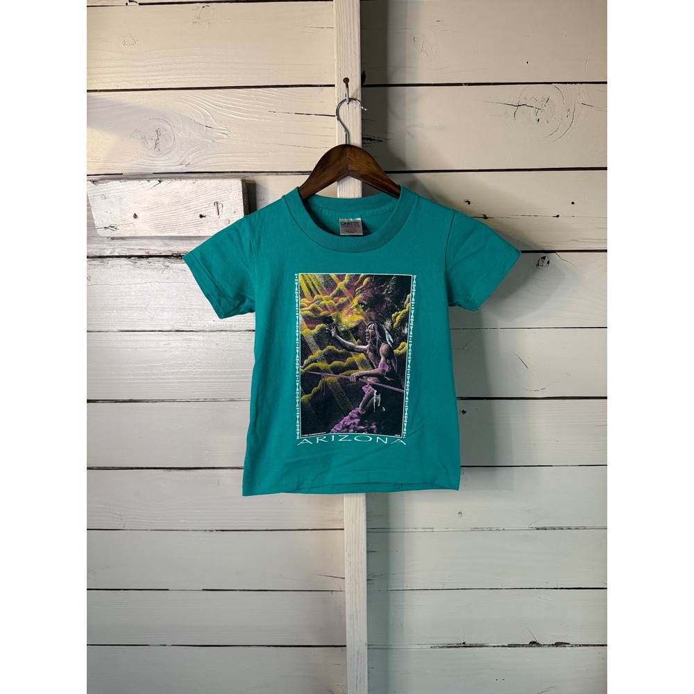 Vintage 1994 Oneita Arizona Native American Wolf T-Shirt Kids Small 6-8 Teal USA